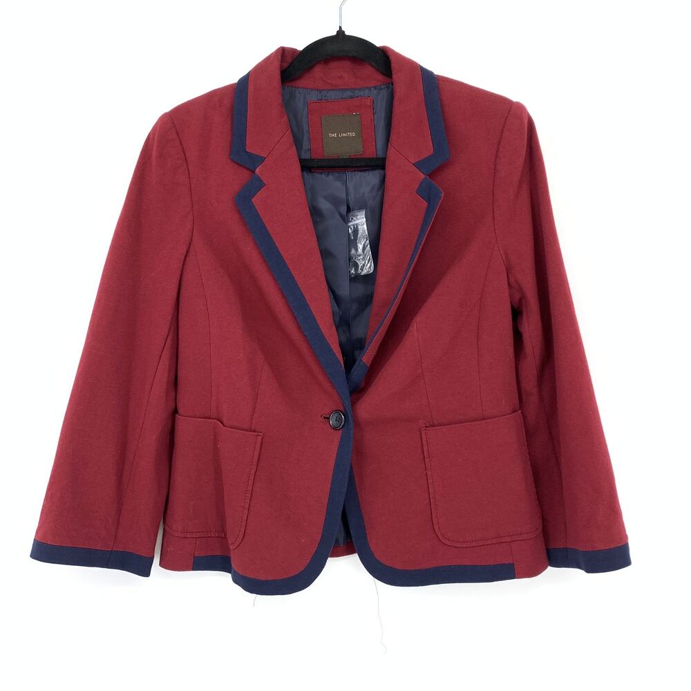 The Limited Single Button Blazer Jacket Womens Sz M Maroon Navy Trim NEW
